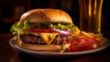 ai generado A la parrilla hamburguesa con queso, tomate, y francés papas fritas para almuerzo generado por ai foto