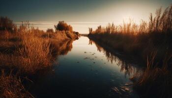 ai generado tranquilo escena puesta de sol refleja en agua, césped, y otoño arboles generado por ai foto