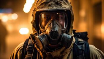 ai generado uno persona en militar ropa de trabajo protege en contra peligro y contaminación generado por ai foto