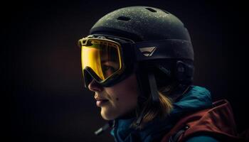 AI generated A young adult enjoying extreme winter sports with protective gear generated by AI photo