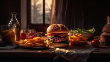 AI generated Grilled meat, cheeseburger, fries, and cola on rustic wooden table generated by AI photo