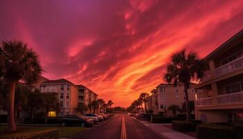 AI generated Sunset over the city, palm trees sway in the twilight generated by AI photo