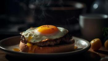 AI generated Grilled meat on plate, freshness and heat, rustic American meal generated by AI photo