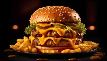 AI generated Grilled beef burger with cheese, tomato, and French fries on table generated by AI photo