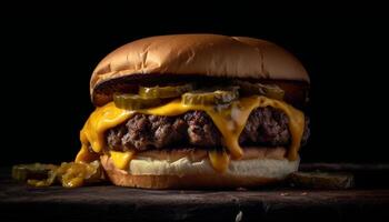 AI generated Grilled cheeseburger on a bun with melted cheddar and salad generated by AI photo