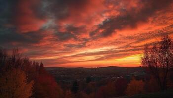 ai generado puesta de sol terminado un tranquilo otoño bosque, naturaleza vibrante belleza revelado generado por ai foto