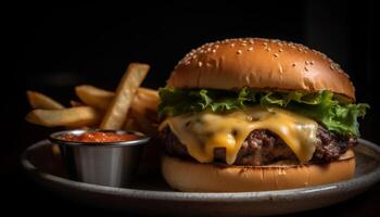 AI generated Grilled beef burger with cheese, fries, and fresh vegetables generated by AI photo