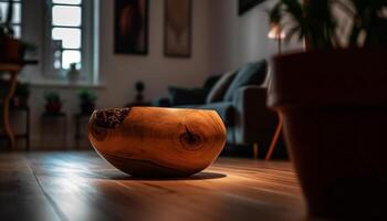 AI generated Wooden table with a vase of flowers, creating a rustic elegance generated by AI photo