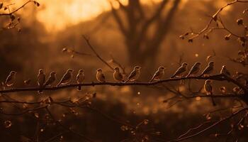 AI generated Silhouette of perching pigeon on branch in tranquil autumn forest generated by AI photo