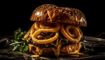AI generated Grilled beef burger with cheese, fries, and fresh salad generated by AI photo