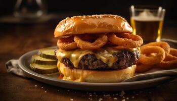 AI generated Grilled beef burger with cheese, fries, and refreshing drink generated by AI photo