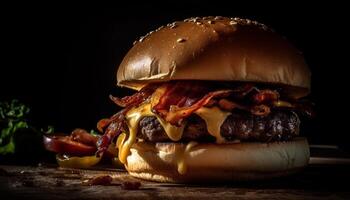 ai generado A la parrilla carne de vaca hamburguesa, gastrónomo comida, americano cultura en de madera plato generado por ai foto