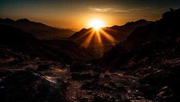 ai generado majestuoso montaña pico siluetas en contra un tranquilo puesta de sol cielo generado por ai foto