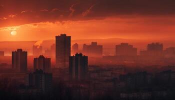 ai generado silueta rascacielos iluminar ciudad horizonte a oscuridad, reflejando puesta de sol belleza generado por ai foto