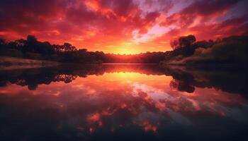 ai generado brillante puesta de sol refleja en tranquilo agua, creando un vibrante paisaje generado por ai foto