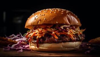 AI generated Grilled beef burger with pulled pork, coleslaw, and French fries generated by AI photo