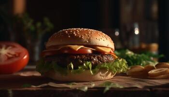 AI generated Grilled gourmet burger with cheese, tomato, and onion on bun generated by AI photo