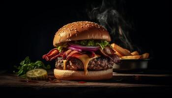 ai generado A la parrilla hamburguesa en madera mesa, americano cultura generado por ai foto