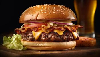 ai generado A la parrilla gastrónomo hamburguesa con queso, cebolla, y tomate en bollo generado por ai foto