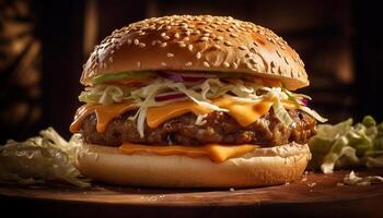 AI generated Grilled gourmet cheeseburger on a rustic wooden table with fries generated by AI photo