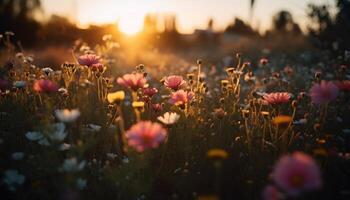 ai generado un vibrante prado de flores silvestres debajo el verano puesta de sol generado por ai foto