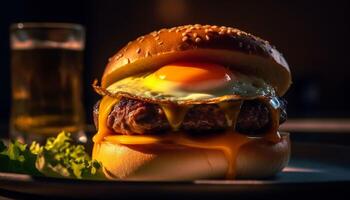 AI generated Grilled burger on wooden table, a classic American fast food generated by AI photo