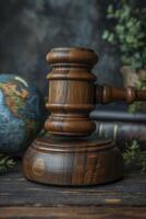 AI generated Global Values Unite, Gavel and Green Eco Earth Globe - A Concept Symbolizing International Law, Sustainable Environment, and Future Global Values photo