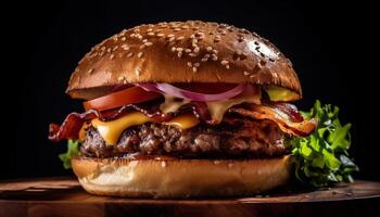 ai generado A la parrilla gastrónomo hamburguesa con queso en un Fresco bollo con Derretido queso Cheddar generado por ai foto