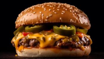 AI generated Grilled beef burger with cheese, tomato, and onion on bun generated by AI photo
