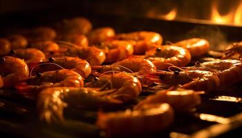 ai generado A la parrilla Mariscos en un llameante parrilla, Fresco y gastrónomo Cocinando generado por ai foto