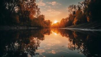 AI generated Sunset reflects on tranquil pond, creating vibrant autumn landscape generated by AI photo