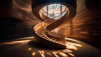 ai generado resumen moderno diseño espiral escalera curvas, esclarecedor vacío, brillante, futurista edificio generado por ai foto