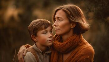 AI generated Two boys embracing their mother in a forest during autumn generated by AI photo