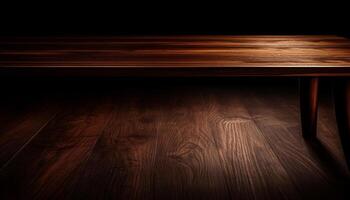 AI generated A dark wooden table with a rustic backdrop and empty design generated by AI photo