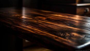 ai generado rústico madera mesa en antiguo cocina con oscuro piso generado por ai foto