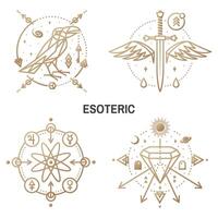 Esoteric symbols. Vector Thin line geometric badge. Outline icon for alchemy or sacred geometry. Mystic and magic design with crow and galaxy, dagger and wings, crystals, atom