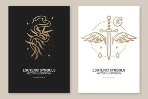Esoteric symbols, poster, flyer. Vector. Thin line geometric badge. Outline icon for alchemy or sacred geometry. Mystic and magic design with snake, wildflower, dagger and wings vector