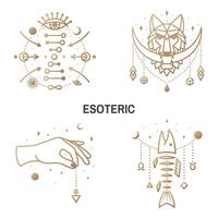 Esoteric symbols. Vector Thin line geometric badge. Outline icon for alchemy or sacred geometry. Mystic and magic design with moon in the mouth of a wolf, fish bone, all-seeing eye, dna, hand