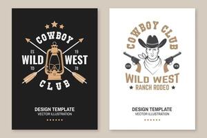 vaquero club póster, volantes. rancho rodeo. vector. concepto para camisa, logo, imprimir, estampilla, tee con vaquero y pistola. Clásico tipografía diseño con linterna lámpara vector