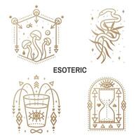 Esoteric symbols. Vector Thin line geometric badge. Outline icon for alchemy or sacred geometry. Mystic and magic design with alchemy symbols, mushrooms, snake, wildflower, hourglass, glass