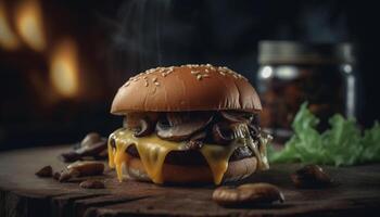 AI generated Grilled meat on wooden table, gourmet burger, unhealthy eating generated by AI photo