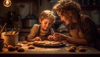 ai generado niño y padre horneando pan de jengibre galletas en un Doméstico cocina generado por ai foto