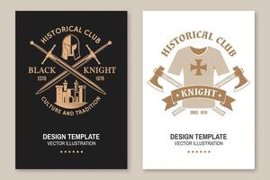 Knight historical club flyer, brochure, banner, poster. Vector Concept for shirt, print, stamp, overlay or template. Vintage design with fortress, knight helmet, battle axe and hauberk silhouette