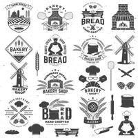 Set of Bakery shop badge. Vector Design with windmill, rolling pin, dough, wheat ears, old oven, wooden bread shovels silhouette. For restaurant, bakery identity objects, packaging menu