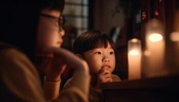 AI generated Cute child smiling, surrounded by loving family indoors, happiness radiates generated by AI photo