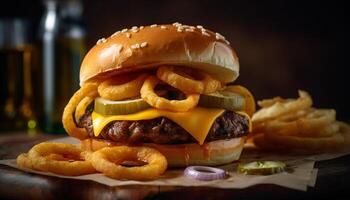 AI generated Grilled beef burger with cheese, fries, and refreshing drink generated by AI photo