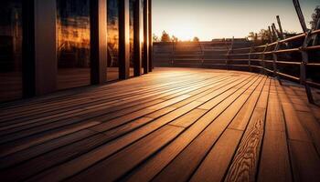 ai generado de madera tablón piso refleja el puesta de sol en un tranquilo al aire libre mesa generado por ai foto