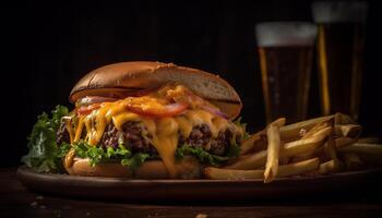 AI generated Grilled meat, burger, fries, cheese, tomato, onion, bread, table, pub generated by AI photo