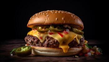 AI generated Grilled beef burger with cheese, tomato, and gourmet bun generated by AI photo