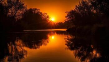 ai generado puesta de sol terminado tranquilo agua refleja el belleza de naturaleza oscuridad generado por ai foto